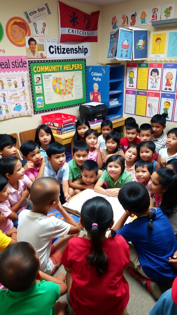Children in a vibrant classroom participating in citizenship activities, showcasing teamwork and engagement.